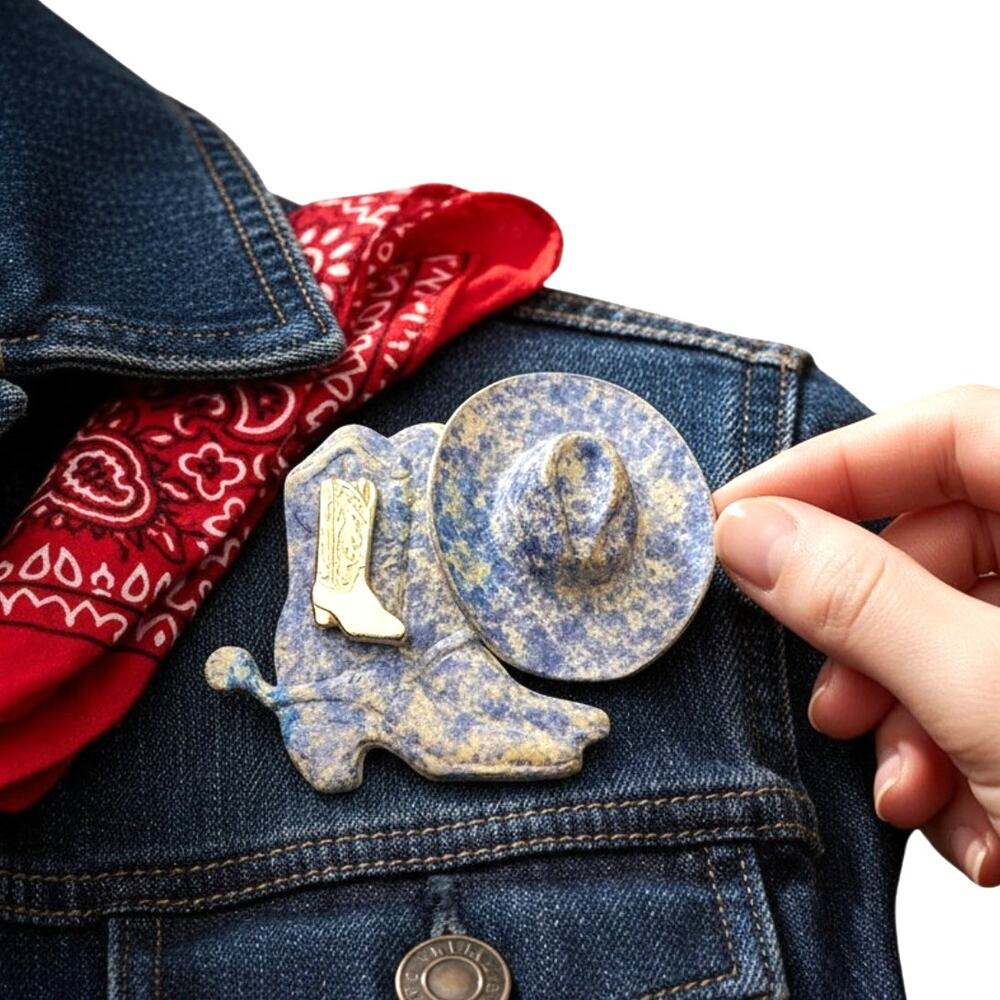 Vintage Western Cowboy Hat Boot Brooch | Speckled Figural Pin